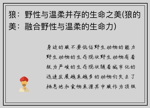 狼：野性与温柔并存的生命之美(狼的美：融合野性与温柔的生命力)